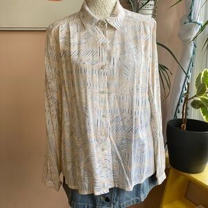 Vintage Abstract Print Blouse – Pastel Striped Button-Up Shirt